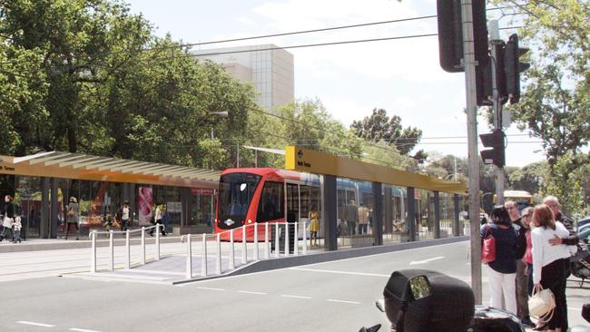 Artist impression of the new North Tce tram spur to run from King William St intersection east along North Tce.