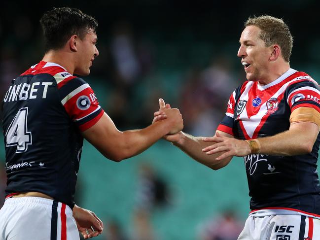 Roosters stars Joseph Manu and Mitchell Aubusson. Picture: Cameron Spencer/Getty