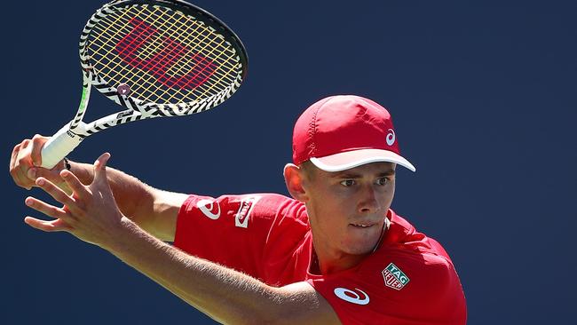 Australia’s Alex de Minaur eyes off a forehand during his US Open second round victory over Cristian Garin. Picture: Getty Images