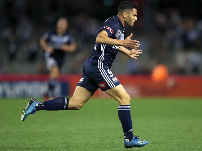 Andrew Nabbout of Melbourne Victory celebrates his late goal during the Round 21 A-League match between the Melbourne Victory and the Adelaide United at Marvel Stadium in Melbourne, Saturday, February 29, 2020. (AAP Image/George Salpigtidis) NO ARCHIVING, EDITORIAL USE ONLY
