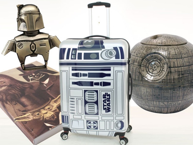 Boba Fett bottle opener, Victorian Wars notebook, R2D2 luggage and Death Star Cookie Jar.