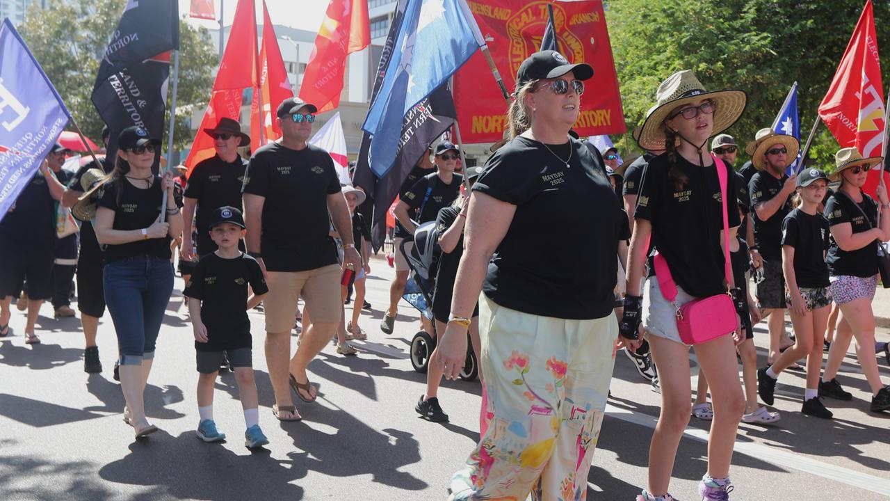 Hundreds of Territorians marched through Darwin for the annual May Day march, celebrating union victories including the eight-hour work week, on Monday, May 5. Picture: Zizi Averill