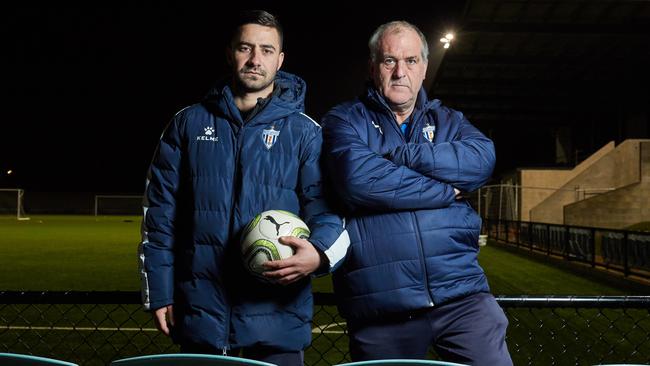 West Adelaide chairman Alex Alexandrou, pictured with former coach Stavros Gelekis, has not ruled out asking players to play for free when action resumes. Picture: Matt Loxton