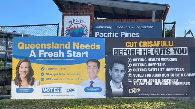 Gold Coast State poll 2024. Signage from both political parties fronting the Pacific Pines booth in Gaven. Pic: Paul Weston.