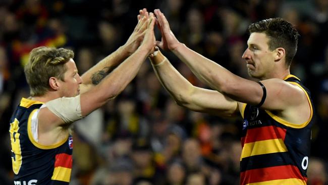 Rory Sloane and Josh Jenkins of the Crows celebrate a goal in the win against the Giants at Adelaide Oval. Picture: AAP Image/Sam Wundke