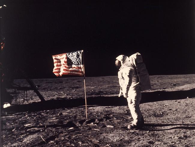 In this image provided by NASA, astronaut Buzz Aldrin poses for a photograph beside the US flag deployed on the moon during the Apollo 11 mission on July 20, 1969. Picture: Neil Armstrong/NASA via AP