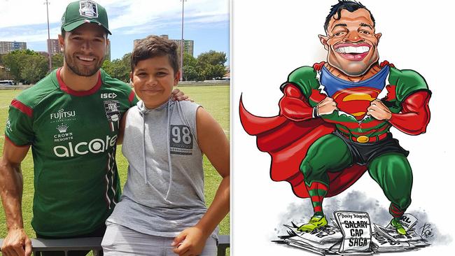 Braidon Burns and his brother, Dray, and a cartoon of the South Sydney Rabbitohs star from Scott "Boo" Bailey.