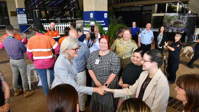 The Governor-General of the Commonwealth of Australia Her Excellency the Honourable Ms Sam Mostyn AC thanking first responders at Townsville City Council. Picture: Evan Morgan