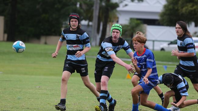 Day 1 of the King of the Country junior rugby union tournament at the Gold Coast Eagles Rugby Union Club.Maroochydore Swans (BLUE AND BLACK) vs USQ Saints (Blue ) Maroochydore Player No USQ Player No Pic Mike Batterham