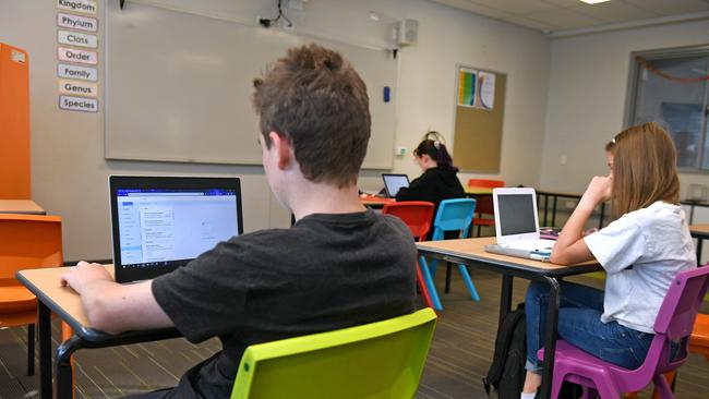 Indooroopilly State High School students in class yesterday. Picture: John Gass/AAP