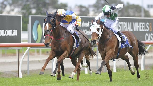 Rocbolt (right) looms up alongside Just Keep Giving to win the Class 4 Birkbecks Pink Ribbon Cup (1800m) on Saturday. Picture: Jessica Hawkins, Trackside Photography.