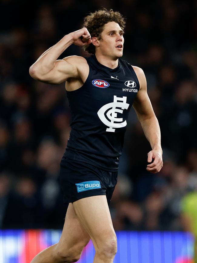 Charlie Curnow enjoys an early win in his battle with Aliir Aliir. Picture: Michael Willson/AFL Photos via Getty Images