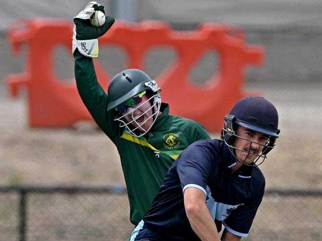 SpotswoodÃs Ross Horkings celebrates the wicket of KewÃs Jack Carroll during theVSDCA Spotswood v Kewcricket match in Spotswood, Saturday, Jan. 6, 2024. Picture: Andy Brownbil