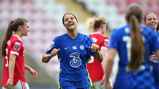 Sam Kerr is happy after scoring for Chelsea against Manchester United. Picture: Alex Livesey / Getty Images