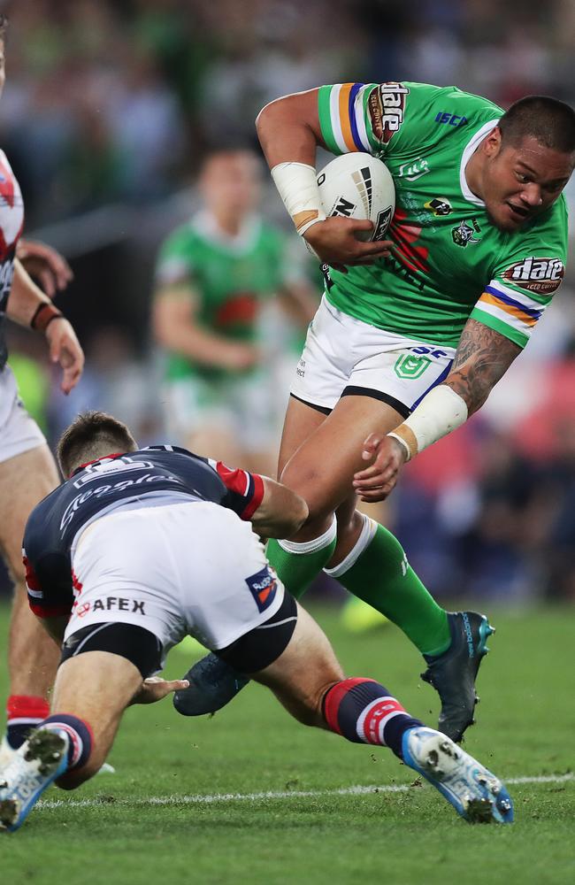 Raider Joey Leilua is tackled during the 2019 NRLGrand Final match between the Canberra Raiders and the Sydney Roosters at ANZ Stadium. Picture: Getty Images