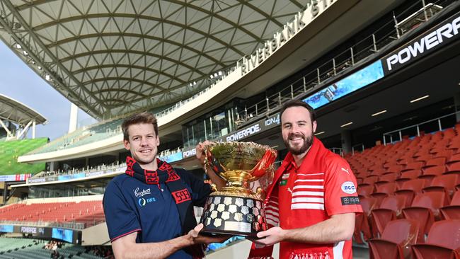 Former SANFL stars Brady Dawe (left) and Max Thring before this year’s grand final. Picture: Keryn Stevens