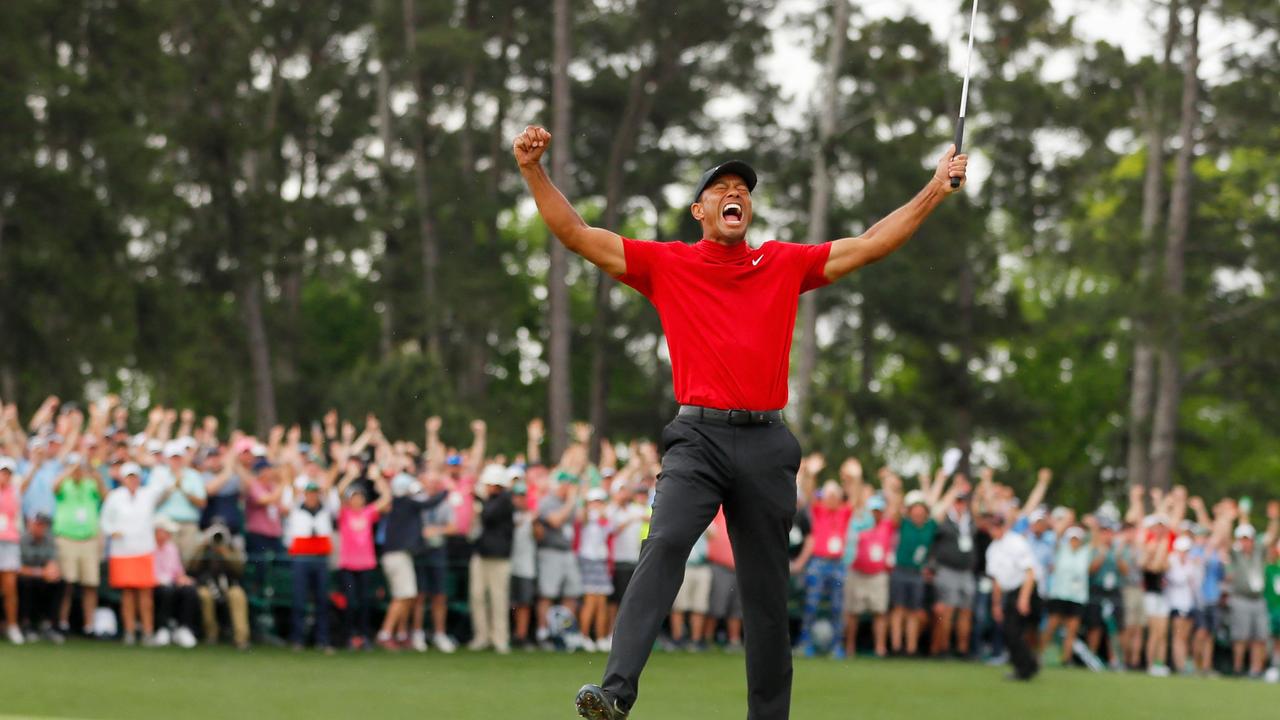 You probably won’t see Tiger Woods celebrating like this again. Picture: Kevin C. Cox / Getty Images North America / AFP