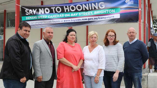 Councillor Andrew Tsounis, Mayor Joe Awada, Peaceful Bayside Representatives, and Deputy Mayor James Macdonald at a media stop about hooning in Brighton-Le-Sands.