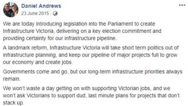 A 2015 Facebook post by Premier Daniel Andrews appears to conflict with yesterday’s announcement.