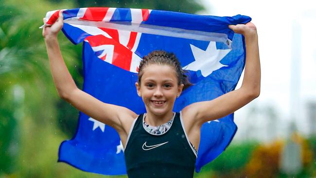 Bronte Bellot, 9, will be running in the annual OzRun fun run in Darwin this Australia Day. Picture: Glenn Campbell