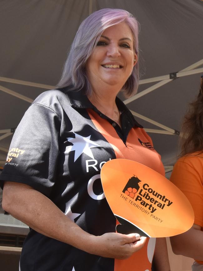 CLP's Robyn Cahill at the Darwin Entertainment Centre which was trickling with Territorians left to lodge their votes. Picture: Harry Brill