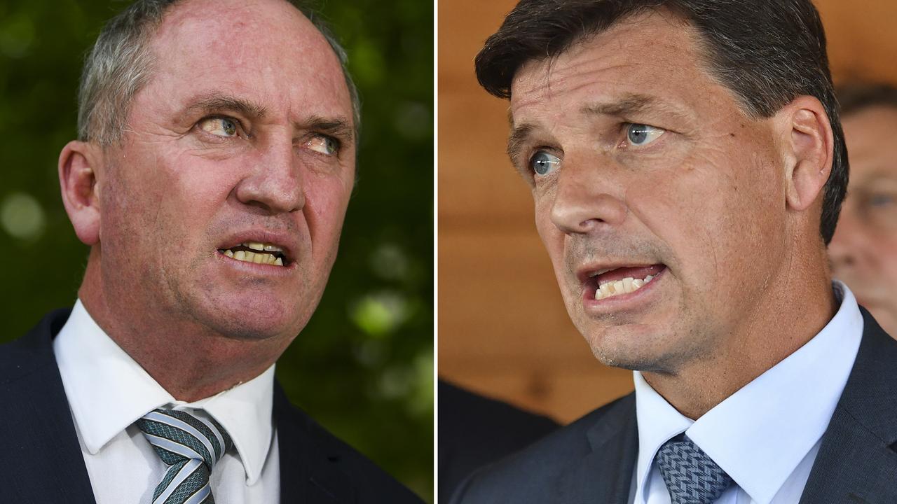 Barnaby Joyce and Angus Taylor. Picture: AAP 