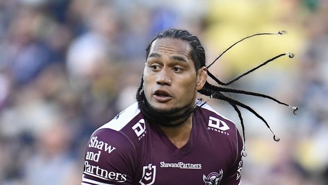 TOWNSVILLE, AUSTRALIA - SEPTEMBER 04:  Martin Taupau of the Sea Eagles runs the ball during the round 25 NRL match between the North Queensland Cowboys and the Manly Sea Eagles at QCB Stadium, on September 04, 2021, in Townsville, Australia. (Photo by Ian Hitchcock/Getty Images)