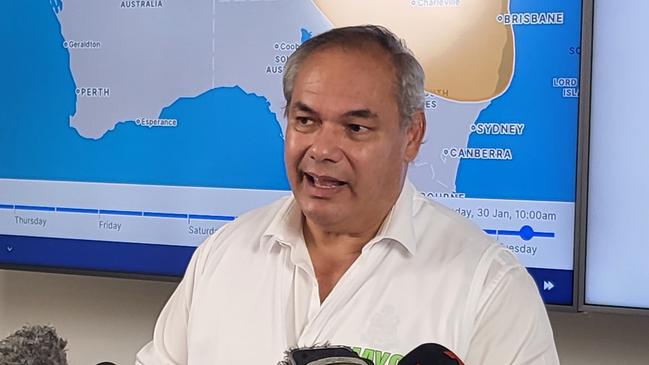 Gold Coast Mayor Tom Tate briefs media on the likely impact of what will become Tropical Cyclone Kirrily on Tuesday. Picture: Keith Woods.