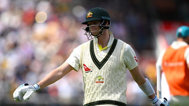 Steve Smith shows his frustration following his dismissal at Old Trafford. Picture: Getty Images