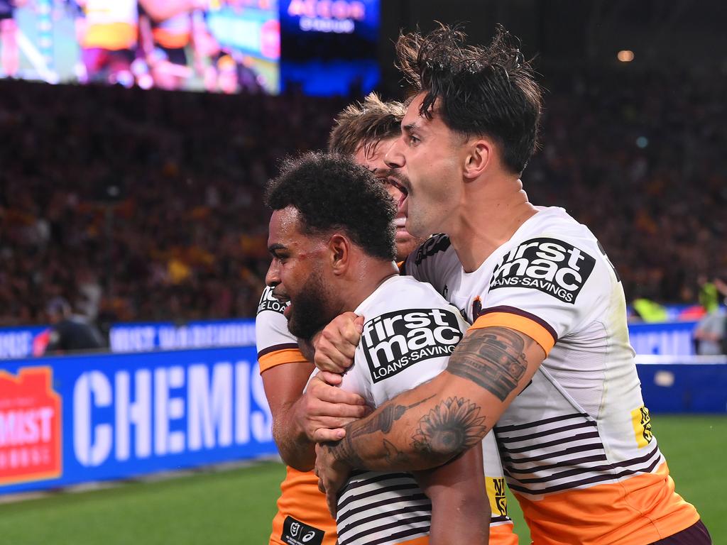 Ezra Mam of the Broncos celebrates a try (Photo by Bradley Kanaris/Getty Images)