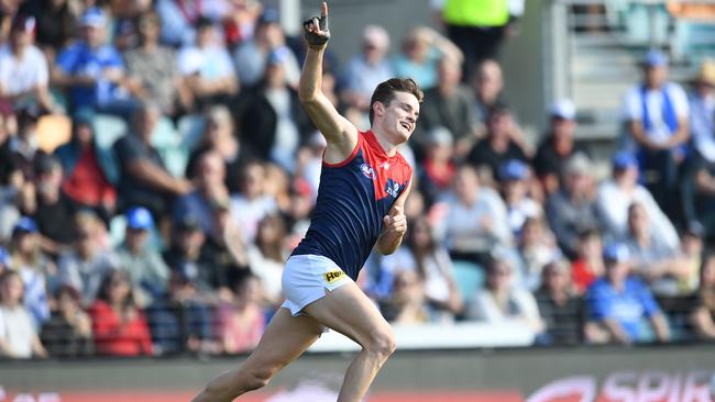 Bayley Fritsch of the Demons celebrates a goal during the round seven AFL match between the North Melbourne Kangaroos and the Melbourne Demons at Blundstone Arena on May 02, 2021 in Hobart, Australia. (Photo by Steve Bell/AFL Photos/via Getty Images)