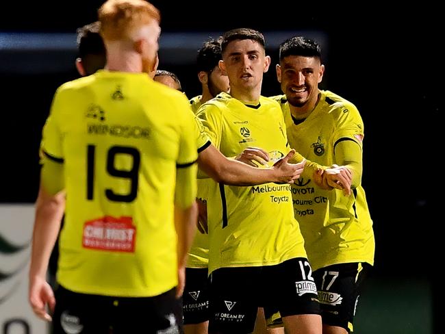 Heidelberg United players celebrate after Anthony Banovac of North Geelong scores an own goal during the round 10 NPL Victoria Men's match between Heidelberg United and North Geelong Warriors at Olympic Park in Heidelberg West, Victoria on April 21, 2023.