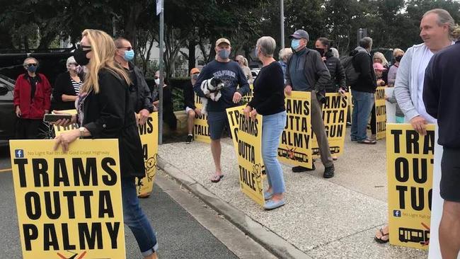 Protesters gather for launch of anti-light rail group Save Our Southern Gold Coast at Tallebudgera Community Centre.