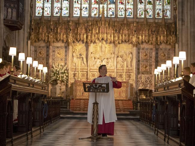 James Vivian, Director of Music at St George's Chapel in Windsor directs the St. George's Chapel Choir during a rehearsal ahead of the wedding of Prince Harry and Meghan Markle. Picture: Steve Parsons/WPA Pool/Getty Images