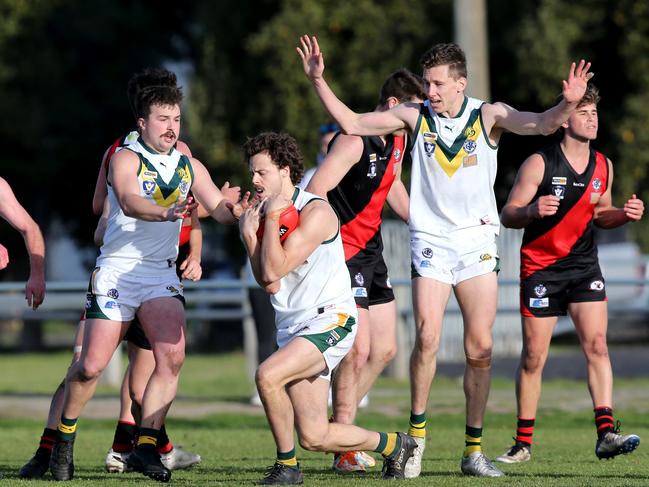 GFL preliminary finals Senior footy: Newtown &amp; Chilwell v Leopold. Leopold's Connor Giddings holds a mark right on the siren. Picture: Mike Dugdale