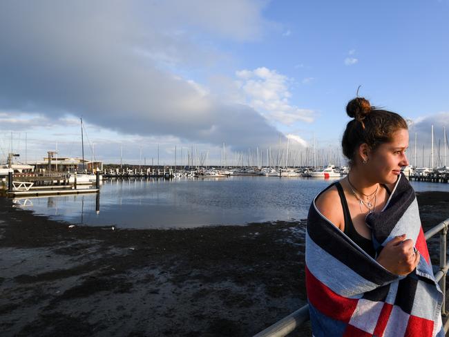 Emmie Frederico stands on the pier overlooking Sandringham Beach’s sludge. Picture: Penny Stephens