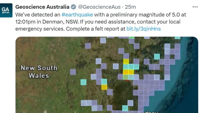 A tweet from Geoscience Australia about the 5.0 magnitude earthquake at Denman on 23rd August, 2024. Credit: X