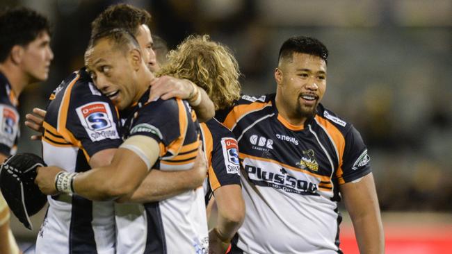 Folau Fainga'a of the Brumbies celebrates the win during the Round 12 Super Rugby match between the ACT Brumbies and the Auckland Blues at GIO Stadium in Canberra, Saturday, May 4, 2019. (AAP Image/Rohan Thomson) NO ARCHIVING, EDITORIAL USE ONLY