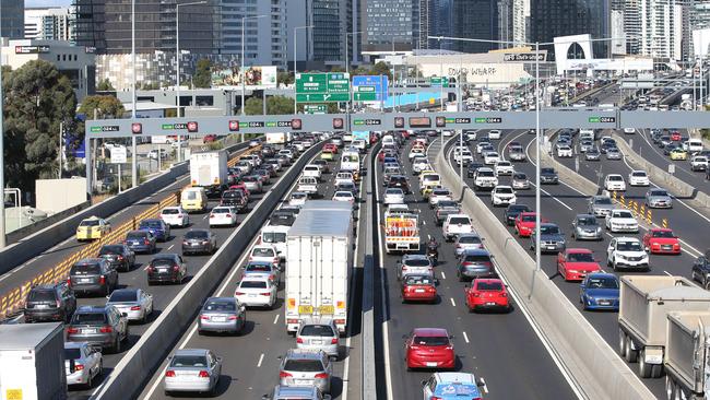 New laws that would extend CityLink tolls for a decade to help pay for the $6.7 billion West Gate Tunnel are set to be introduced to State Parliament this week. Peak hour congestion on the Westgate Freeway city bound.  Picture: David Caird