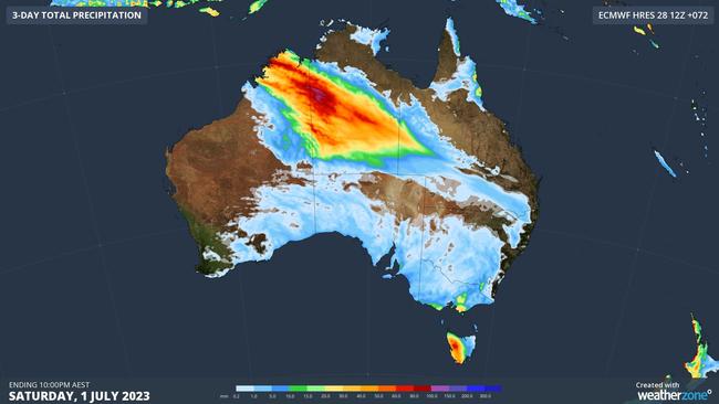 Forecast accumulated rain during the next three days according to the ECMWF-HRES model. Picture: Weatherzone