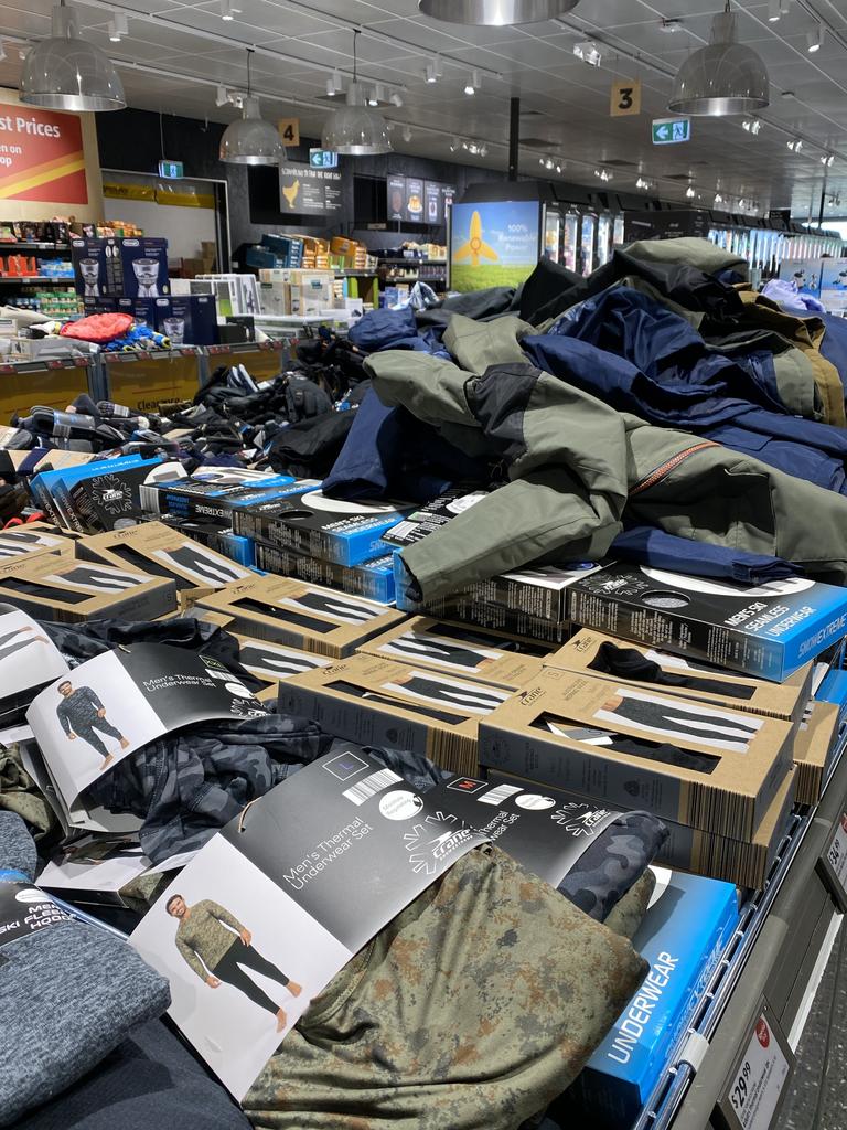 Mountains of snow gear lingers at a Sydney Aldi store.