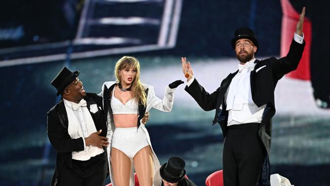 Taylor Swift is joined on stage by Travis Kelce during her Eras Tour at Wembley Stadium on June 23 in London, England. Picture: Getty