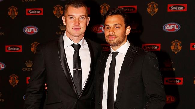 Dustin Martin arrives at the Brownlow Medal with teammate Sam Lloyd.