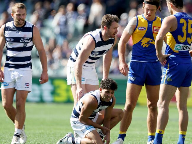 Tyson Stengle broke his arm against West Coast. Picture: James Elsby/AFL Photos via Getty Images