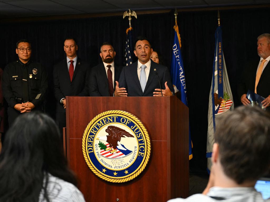US Attorney for the Central District of California Martin Estrada announces charges over Matthew Perry’s death. Picture: AFP
