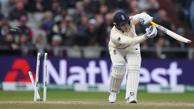 Jason Roy is knocked over by Josh Hazlewood. Picture: Getty Images