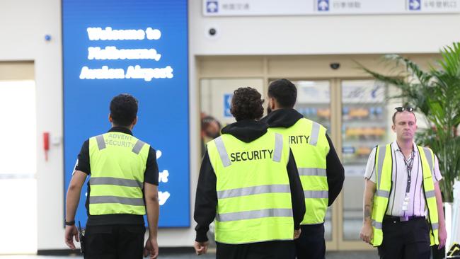 High visibility seccurity after the on board incident at Avalon Airport on Thursday afternoon. Picture: Alan Barber