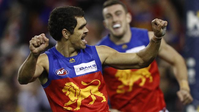 Charlie Cameron celebrates one of his five goals against St Kilda. Picture: AAP Image/Daniel Pockett.