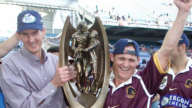 Coach Wayne Bennett and captain Kevin Walters celebrate their win at the end of the Brisbane Broncos v Sydney Roosters 2000 NRL Grand Final at Stadium Australia, Olympic Park, Homebush, Sydney 27/08/2000.