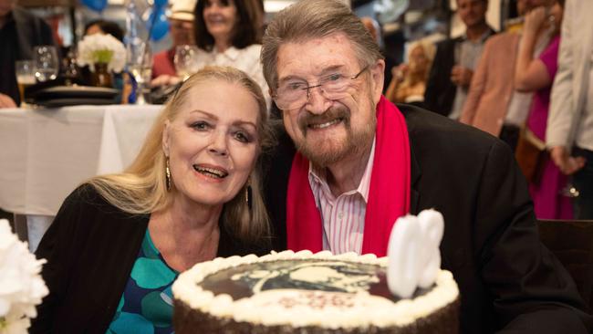 Derryn with his partner Lynda Stoner at his 80th birthday party. Picture: Tony Gough